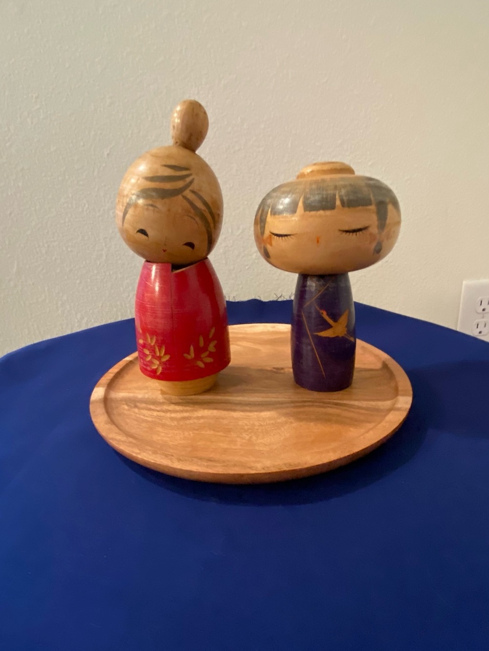 Pair of Vintage Hand-Painted Kokeshi Style Wooden Dolls - Red & Purple